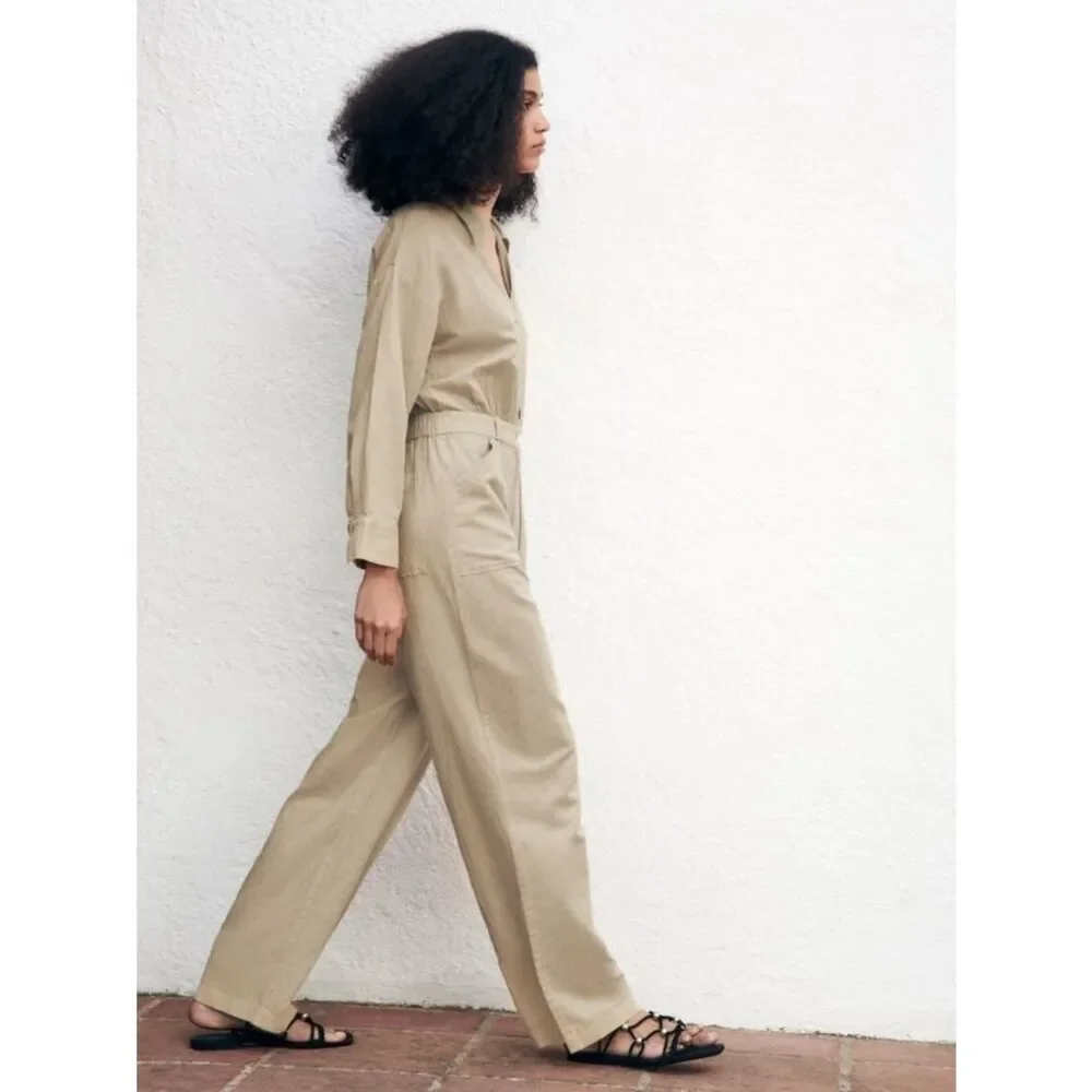 ZARA LINEN BLEND LONG JUMPSUIT SAND